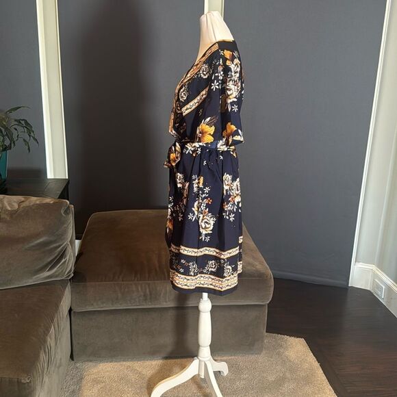 Women V-Neck Bohemian Navy Floral Print Short Summer Dress Cover Up Size XL NEW - Picture 6 of 14